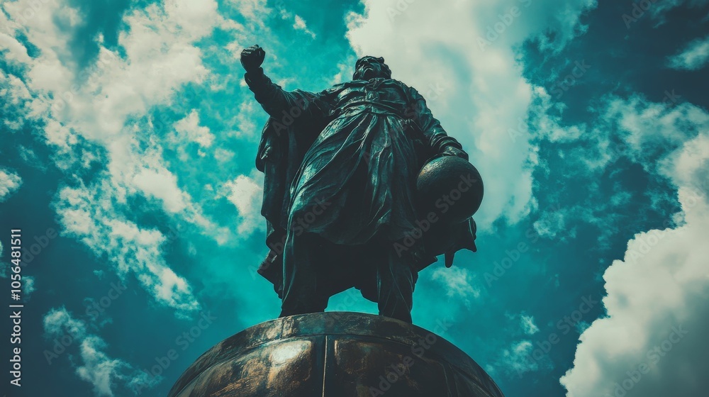 A statue of a man in a powerful pose with a cloudy sky in the background. A statue of a man in a powerful pose with a cloudy sky in the background.
