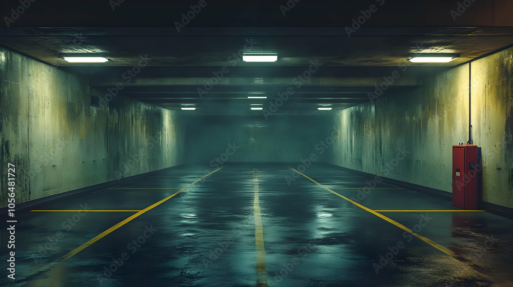 Dark and Empty Underground Garage with Wet Floor - 3D Illustration Dark and Empty Underground Garage with Wet Floor - 3D Illustration