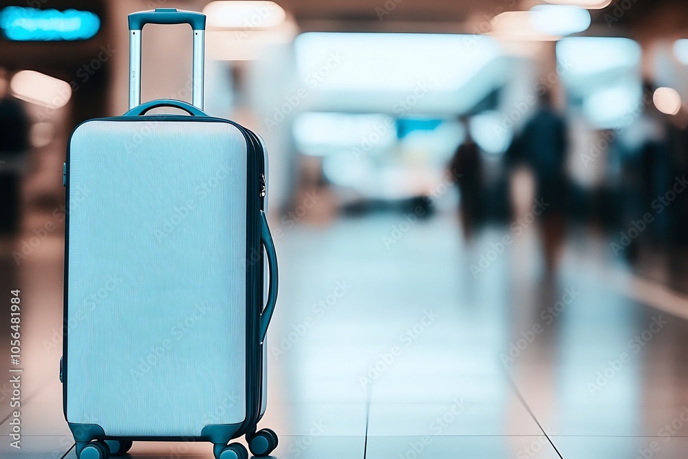 Stylish Gray Suitcase Standing Tall in Bustling Airport Environment : Generative AI Stylish Gray Suitcase Standing Tall in Bustling Airport Environment : Generative AI