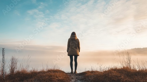 Silhouette of a woman standing on a hilltop looking at the foggy sunrise, back view.