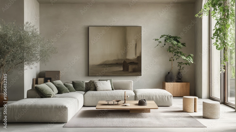 A living room interior with light gray walls and sage green accents on sofa cushions A living room interior with light gray walls and sage green accents on sofa cushions