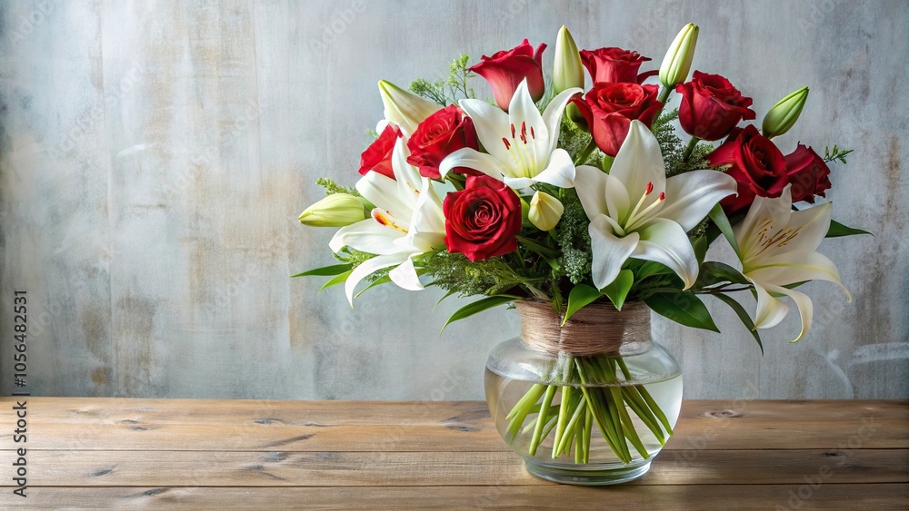 Delicate white lily and red rose arrangement in a elegant glass vase, red, glass, elegant, arrangement, roses Delicate white lily and red rose arrangement in a elegant glass vase, red, glass, elegant, arrangement, roses