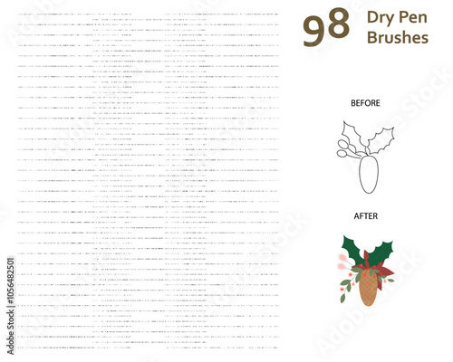 Set of 98 mixed dry pen art brushes with unique texture for decoration, story book, animation/illustration. Compatible with Adobe Illustrator CS6 and above.