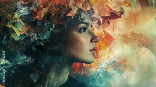 Abstract digital painting of a woman's face with colorful floral elements.