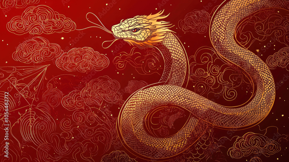 Fototapeta premium Snakes weaving through clouds, red lanterns, Chinese New Year