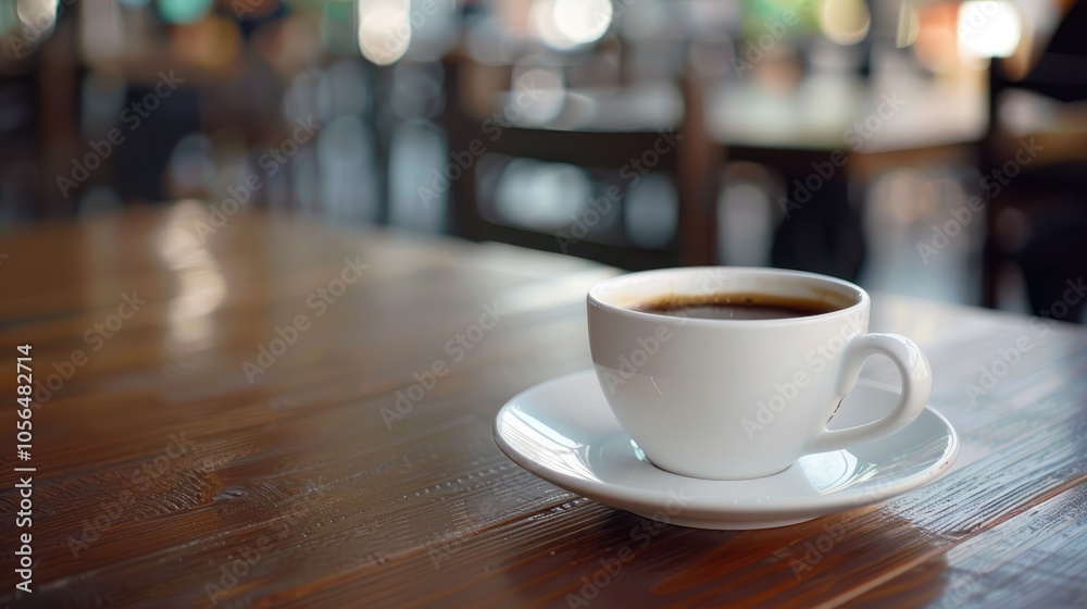 Cup of black coffee on saucer on the table in a cafe, with space for text