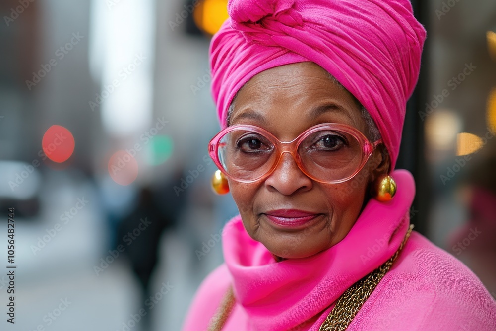 Stylish Elderly Woman in Vibrant Pink Outfit with Headwrap and Glasses on City Street Stylish Elderly Woman in Vibrant Pink Outfit with Headwrap and Glasses on City Street
