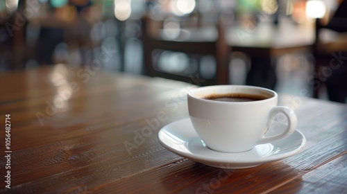 Cup of black coffee on saucer on the table in a cafe, with space for text