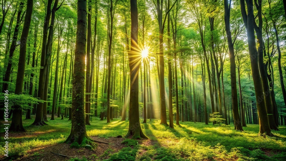 Obraz premium Dense forest with tall trees and sunlight filtering through leaves, forest, sunlight, woodland, forest path, nature