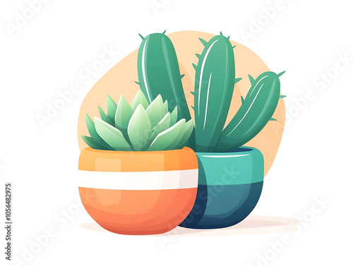 Succulent plants in colorful pots with a soft background for aesthetic appeal. photo