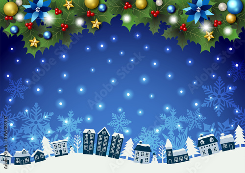 クリスマス背景、横、青、街並み、ポインセチア、柊、かわいい、雪