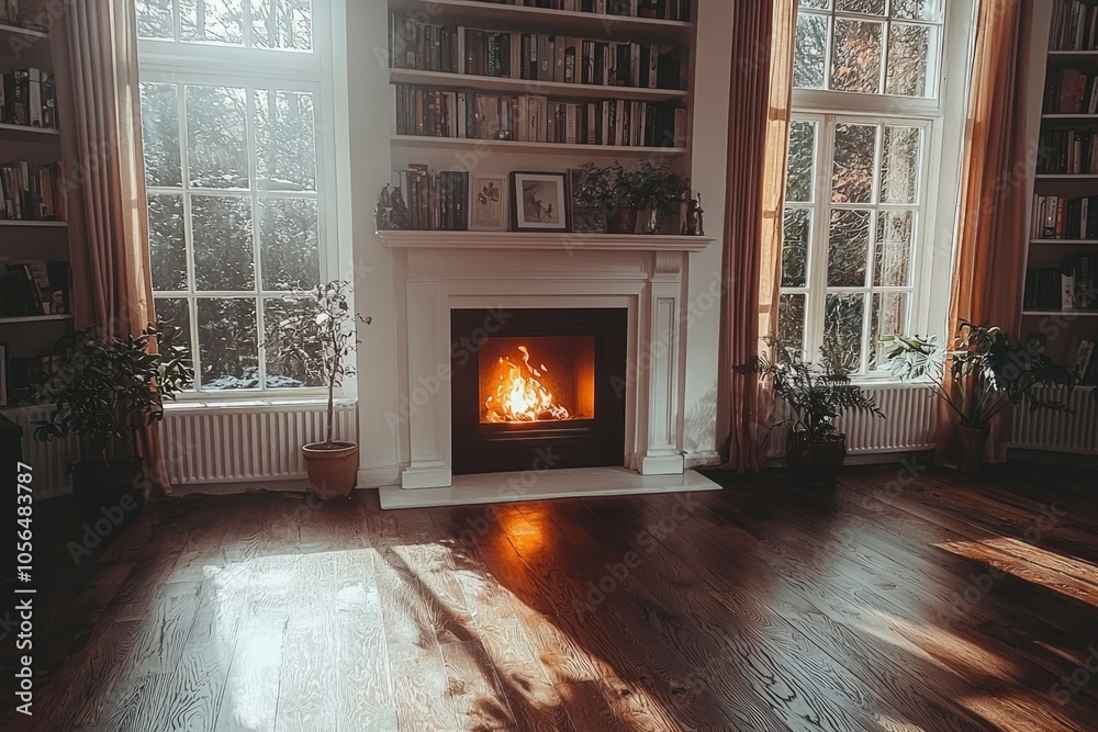 Fototapeta premium A cozy living room with a fireplace, bookshelves, and windows