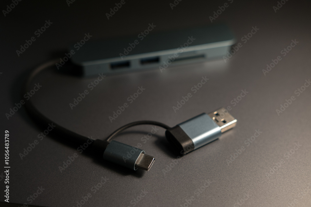Fototapeta premium A compact, gray USB-C hub with multiple ports and attached cables, resting on a metallic surface under dim lighting. Connectivity and technology.