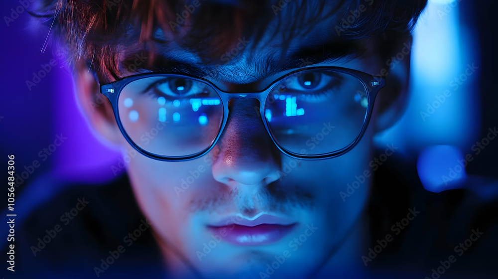 Close Up of a Person Wearing Glasses with a Blue and Purple Light Close Up of a Person Wearing Glasses with a Blue and Purple Light