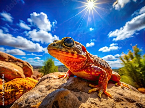 Under the bright sun and clear sky, a Ctenodactylus gundi rests comfortably on a rock, enjoying the warmth of its natural habitat. photo