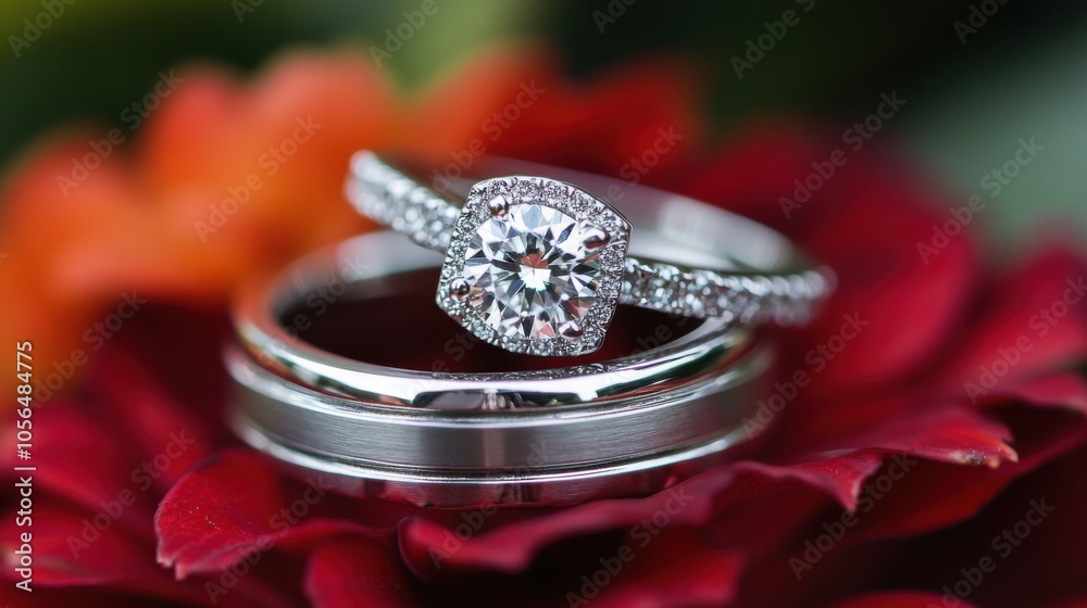 wedding rings with diamonds on red rose petals. wedding rings with diamonds on red rose petals.