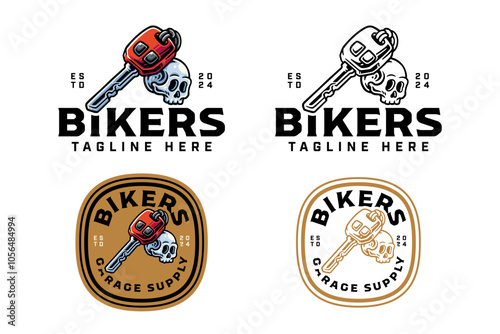 motorcycle key with skull key chain tank colorful logo design set for garage, automotive, motorcycle club cranium key chain with vehicle key illustration outline badge logo template for racing sport
