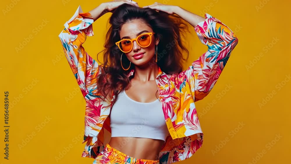 portrait of attractive young woman sunglass dancing dressed stylish colorful clothes isolated on yellow color background Video