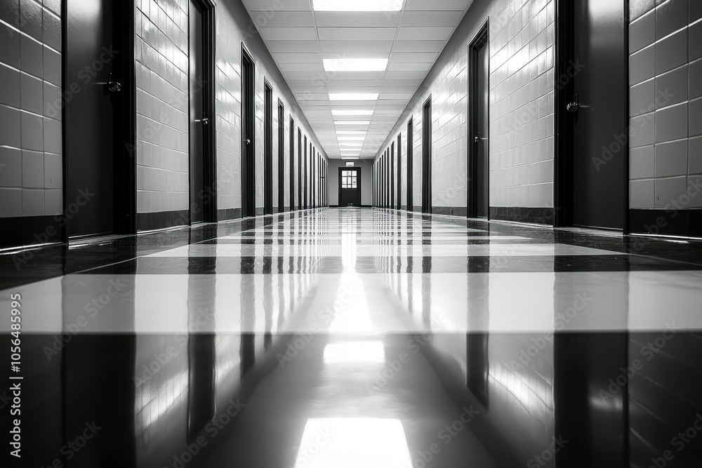 A Black and White Perspective of an Empty Hallway with Black Doors A Black and White Perspective of an Empty Hallway with Black Doors