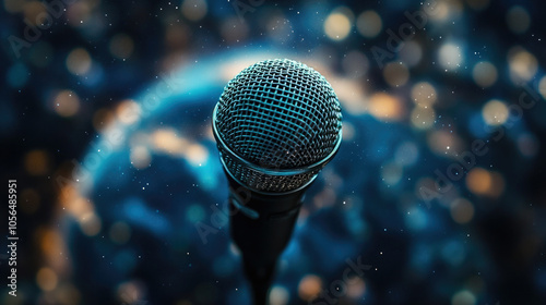 Black microphone, blue earth, global broadcasting