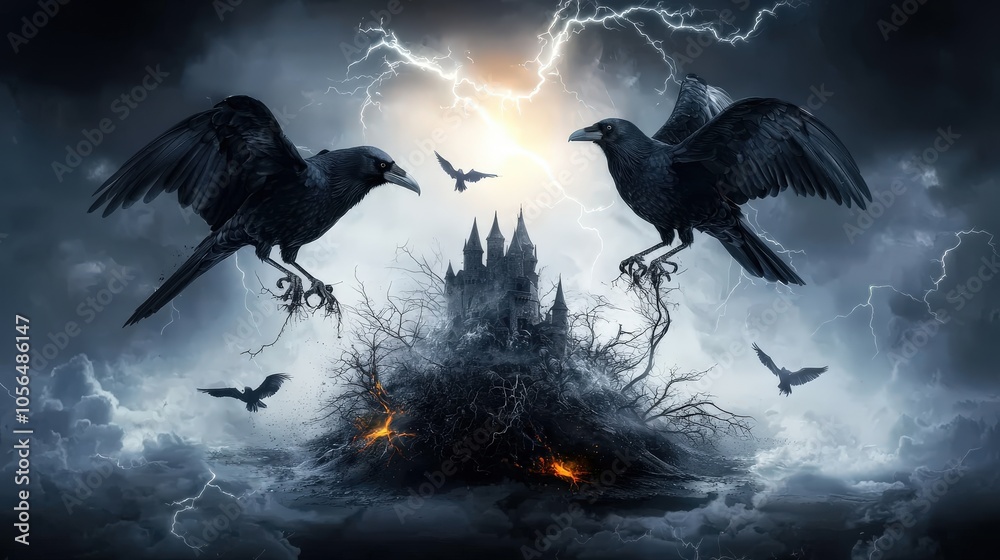 Fototapeta premium A crumbling castle with crows and vines under an ominous stormy sky, resembling a haunted fairy-tale setting