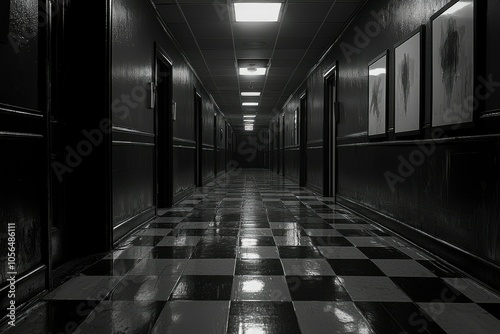 Black and White Hallway with Checkered Floor and Artwork photo