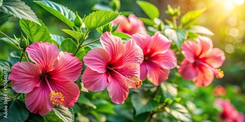 Hibiscus flower clusters growing on a vine with large leaves and green stems in a sunny garden, tropical vine, cluster of flowers, large flowers, botanical, leafy greens