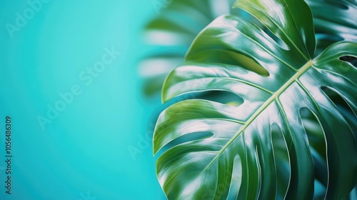 Vibrant Green Monstera Leaf on Turquoise Background: Fresh and Modern Botanical Aesthetic