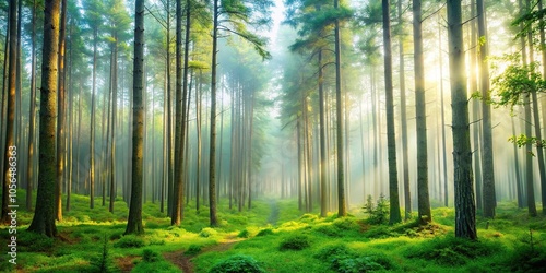 High-resolution image of a serene forest with tall trees and a misty atmosphere, perfect for nature lovers, atmosphere, calm