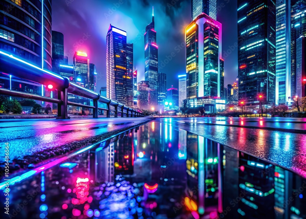 A pulsating urban landscape at night, where vibrant neon lights shimmer on a rain-soaked highway, showcasing modern architecture and an electrifying nightlife. Dynamic hues illuminate the scene. A pulsating urban landscape at night, where vibrant neon lights shimmer on a rain-soaked highway, showcasing modern architecture and an electrifying nightlife. Dynamic hues illuminate the scene.