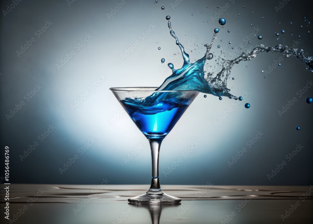 A sleek cocktail glass brimming with vibrant blue spirit, splashing refreshingly. Perfect for summer vibes and mixology lovers. Ideal for social media and advertising. A sleek cocktail glass brimming with vibrant blue spirit, splashing refreshingly. Perfect for summer vibes and mixology lovers. Ideal for social media and advertising.