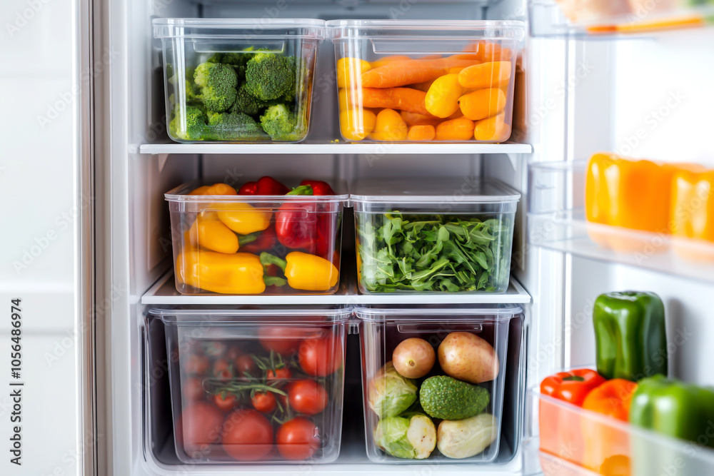 A well-organized fridge shows fresh vegetables in clear containers, promoting healthy eating and vibrant colors for meal prep. A well-organized fridge shows fresh vegetables in clear containers, promoting healthy eating and vibrant colors for meal prep.