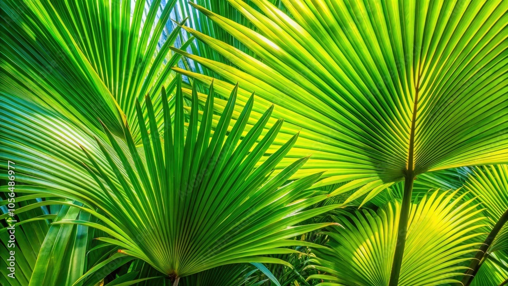 Obraz premium Vibrant close-up of palm leaf texture showcasing bright green foliage, perfect for tropical nature backgrounds that evoke a lush, exotic atmosphere and lush biodiversity.