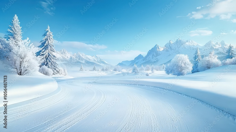A stylish winter poster with icy blue tones, glistening snowflakes, and a serene mountain scene A stylish winter poster with icy blue tones, glistening snowflakes, and a serene mountain scene