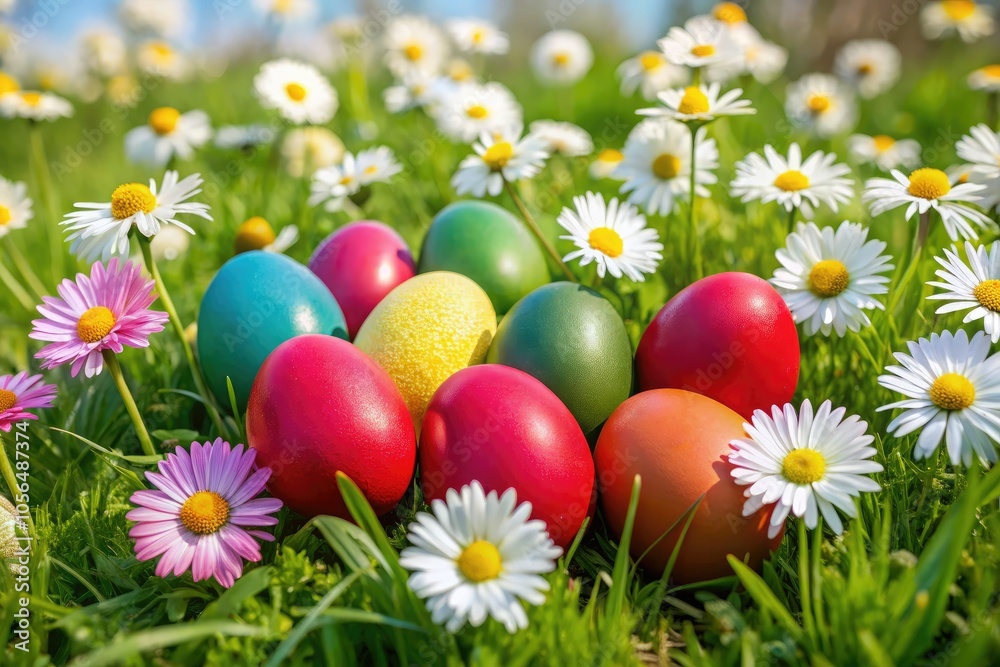 Vibrant Easter eggs are nestled in emerald grass, embraced by lovely daisies, creating a picturesque scene that encapsulates the beauty of springtime festivities. Vibrant Easter eggs are nestled in emerald grass, embraced by lovely daisies, creating a picturesque scene that encapsulates the beauty of springtime festivities.