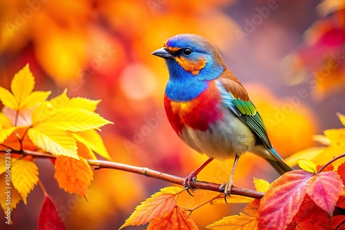 A vivid bird rests on a branch amidst striking autumn leaves, set against a clean white backdrop, showcasing the beauty of nature and wildlife.