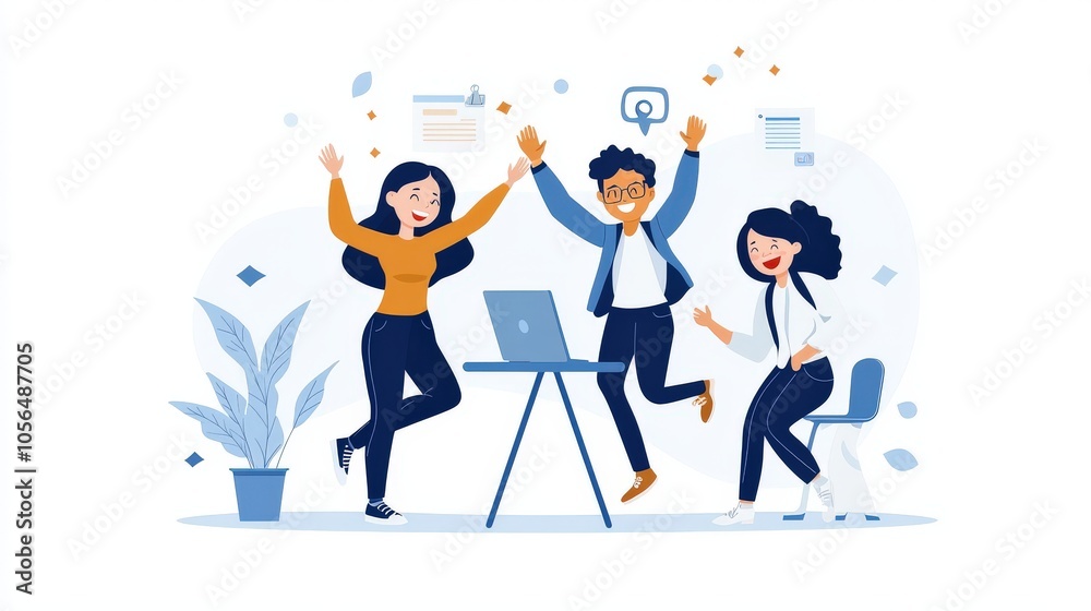 Colleagues high-fiving in an office, celebrating a successful partnership. Colleagues high-fiving in an office, celebrating a successful partnership.