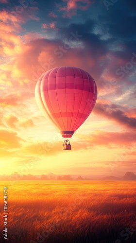 vibrant hot air balloon floats gracefully in sky during stunning sunset, casting warm glow over golden fields below. scene evokes sense of adventure and tranquility