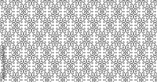 Repeating openwork ornament of black curls on a white background. Abstract endless texture with elegant lace lattice. Vector seamless pattern for gift wrap, surface texture, laser and plotter cutting