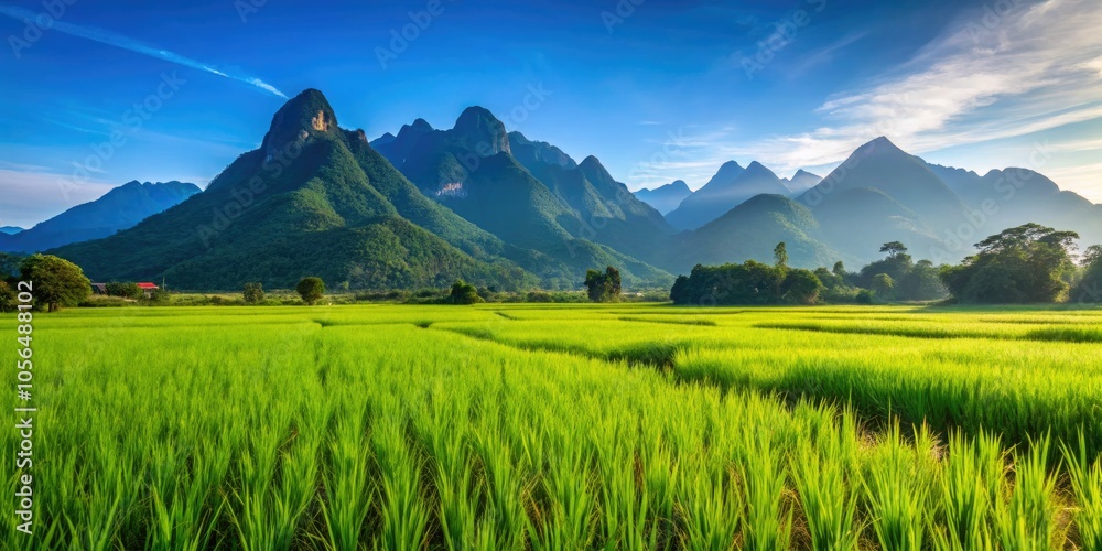 Fototapeta premium Vibrant green paddy fields stretch beneath a clear blue sky, framed by majestic mountains, creating a breathtaking scenic view of nature's beauty and tranquility.
