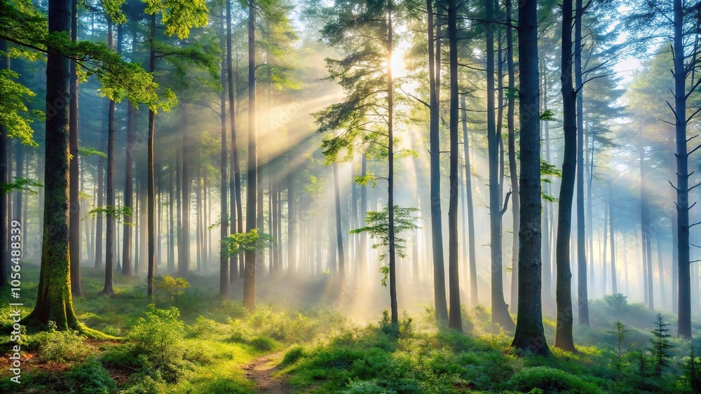 Obraz premium Misty morning in the forest with fog rolling through the trees, greenery, misty atmosphere, tree silhouettes