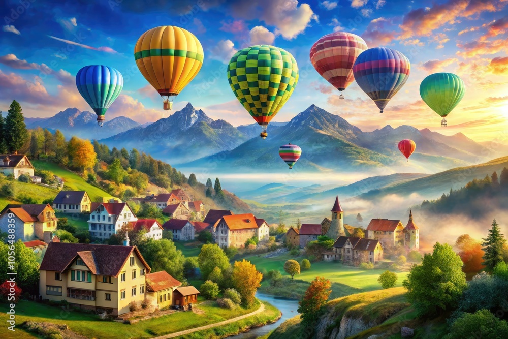Fototapeta premium Vibrant hot air balloons float gracefully above a quaint town and scenic mountains, celebrating adventure and freedom in this enchanting watercolor masterpiece.