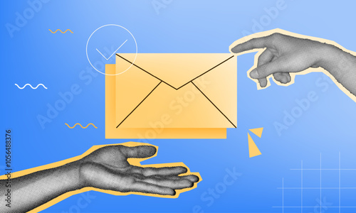 halftone collage, two hands exchanging an envelope, symbolizing email communication, messaging, and information transfer. digital marketing, email campaigns, and business communication