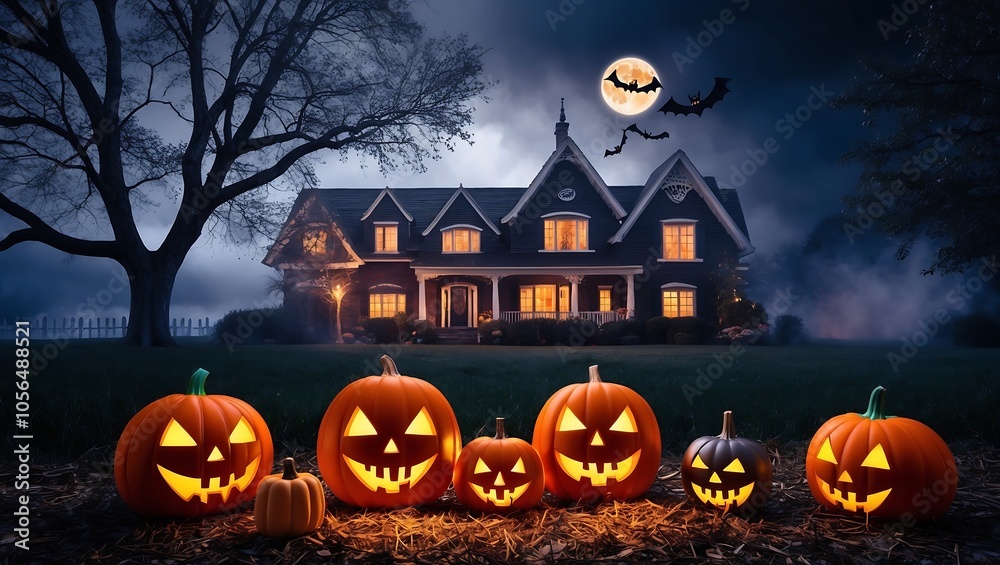 Halloween background with a haunted house under a full moon with bats, pumpkins, and fog, creating a spooky Halloween scene. Perfect for Halloween-themed marketing materials Halloween background with a haunted house under a full moon with bats, pumpkins, and fog, creating a spooky Halloween scene. Perfect for Halloween-themed marketing materials
