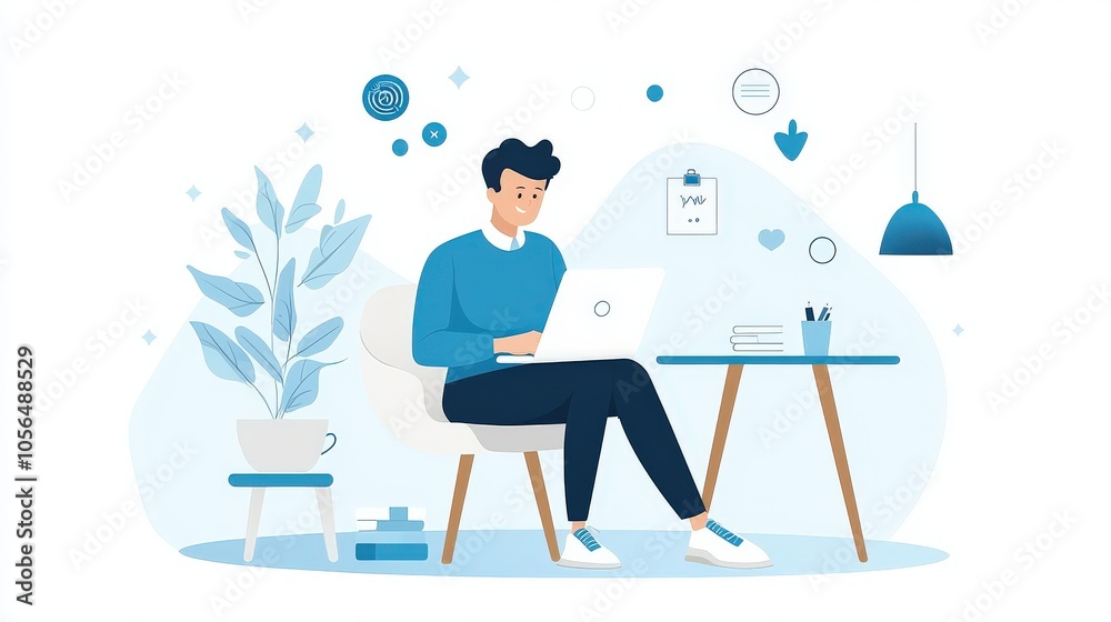 Remote worker with notebook in hand, typing on a laptop in a serene home environment. Remote worker with notebook in hand, typing on a laptop in a serene home environment.