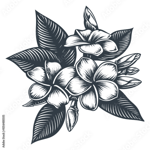 Frangipani flower woodcut drawing vector