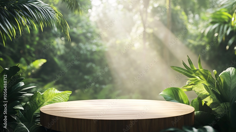 2410 1.A wooden tabletop podium placed outdoors amidst a vibrant tropical forest, surrounded by lush green leaves and blurred natural scenery in the background, offering a serene setting for product