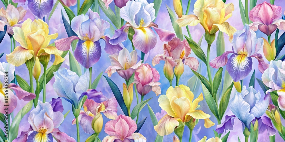Vibrant pastel pattern showcasing delicate irises in soft tones, perfect for creating elegant and sophisticated designs, adding a touch of charm and beauty.