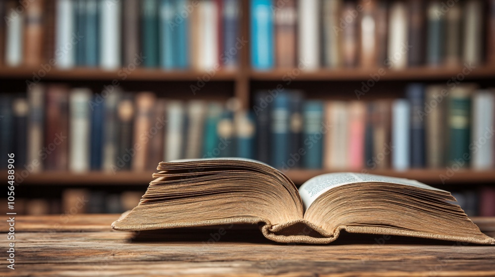 2410 39.A close-up of a well-worn book with its pages open, resting on a sturdy wooden table. The background features blurred bookshelves filled with books of various genres, reinforcing the theme of 2410 39.A close-up of a well-worn book with its pages open, resting on a sturdy wooden table. The background features blurred bookshelves filled with books of various genres, reinforcing the theme of
