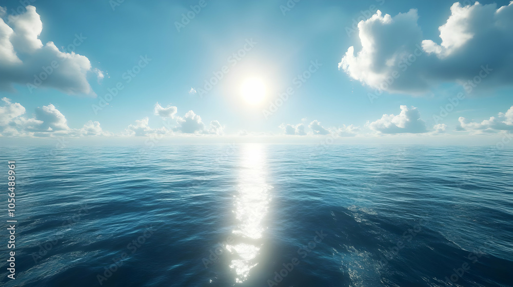 Fototapeta premium Ocean Landscape with Sun Rays and Fluffy Clouds - 3D Illustration